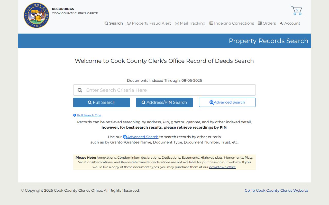 Cook County Clerk Recordings System for deeds and named parties