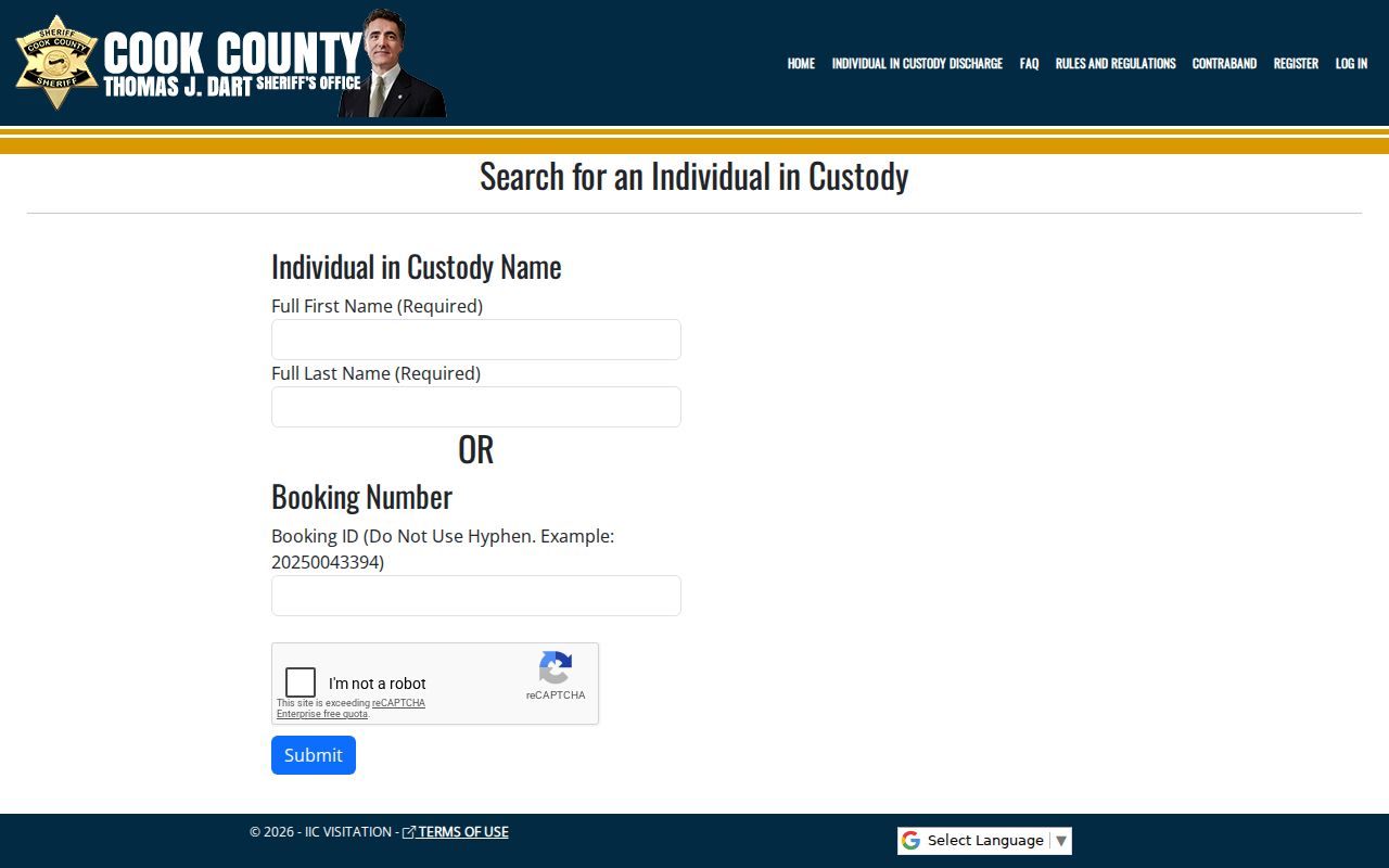 Cook County Individual in Custody Locator search screen