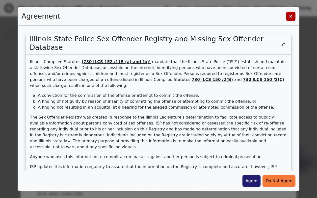 Illinois State Police registry disclaimer and search entry