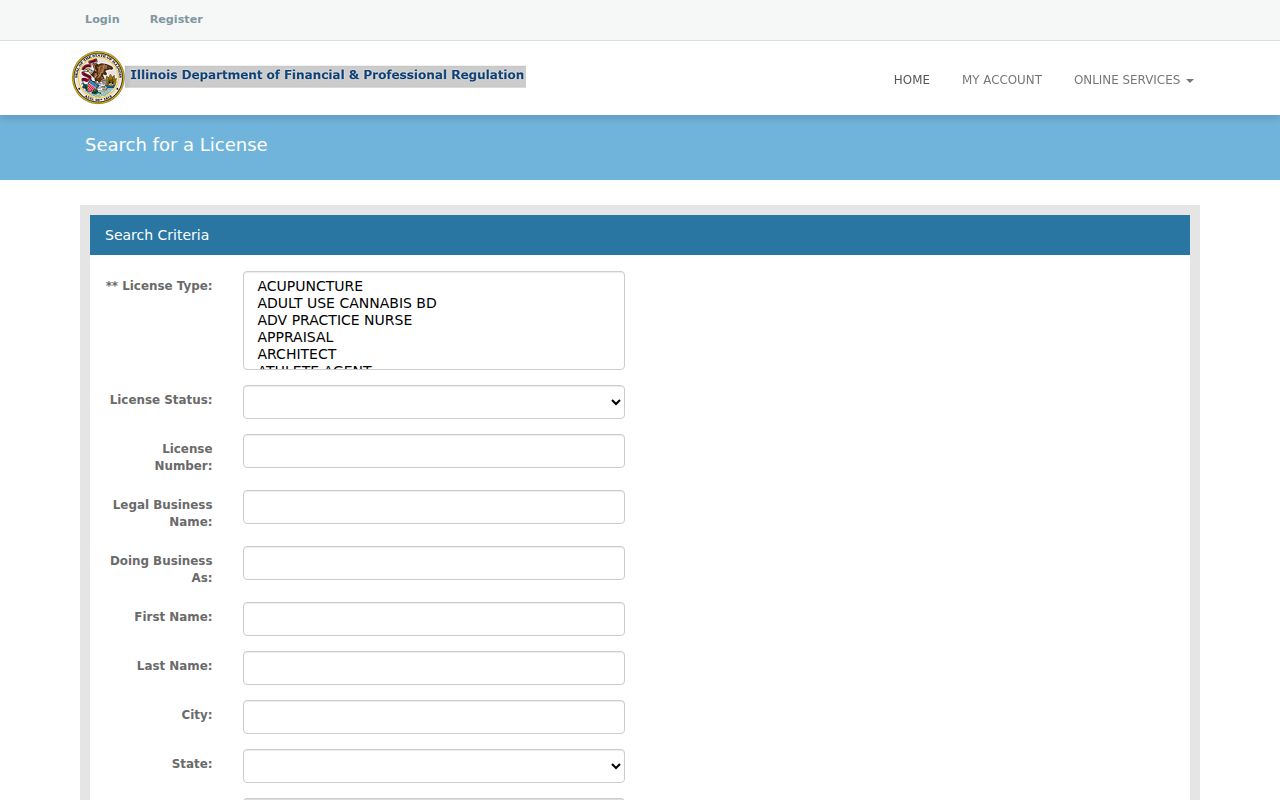 Illinois professional license search fields used in a Chicago resident lookup